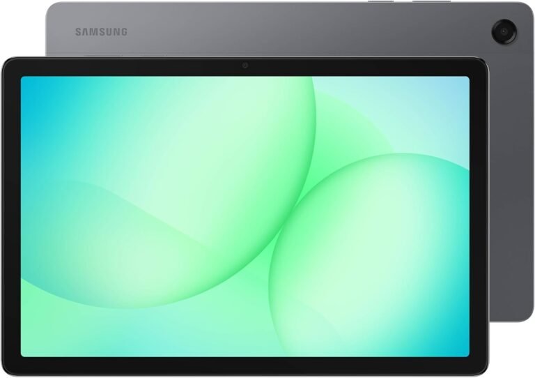 A Samsung tablet shown from the front and back. The front view displays a large rectangular screen with thin black bezels and a centered front-facing camera along the top edge. The screen shows an abstract green and teal gradient wallpaper with overlapping circular shapes. Behind it, the back of the tablet is visible in dark gray, with the Samsung logo near the top left and a single rear camera in the top right corner.