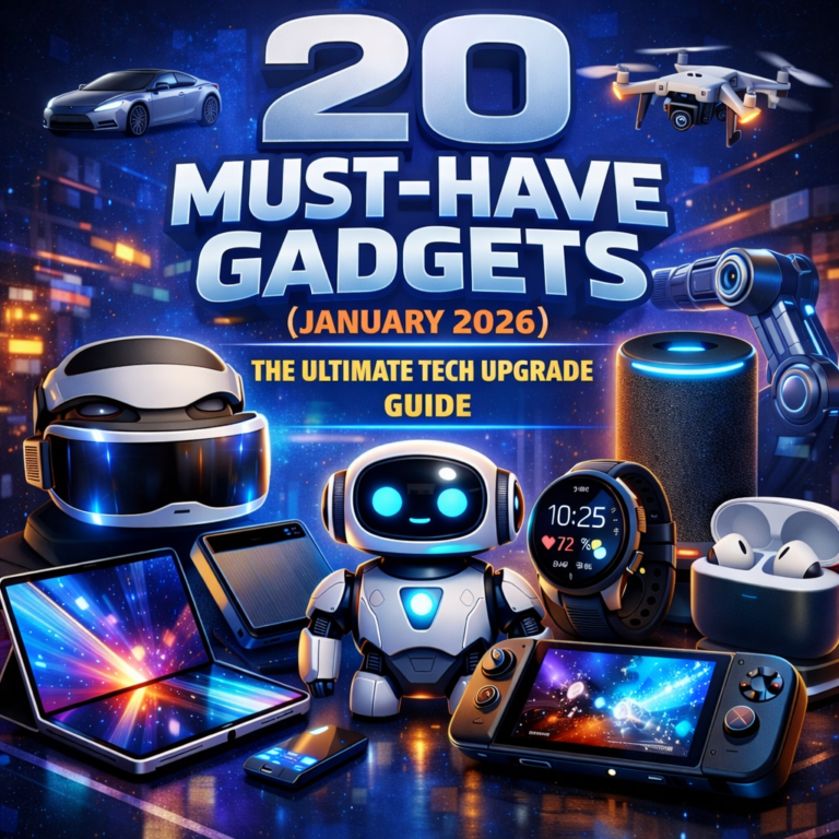 Square featured image showing futuristic tech gadgets including a humanoid robot, VR headset, foldable smartphone, smartwatch, drone, wireless earbuds, smart speaker, handheld gaming console, and tablet, with bold text reading “20 Must-Have Gadgets (January 2026) – The Ultimate Tech Upgrade Guide.”