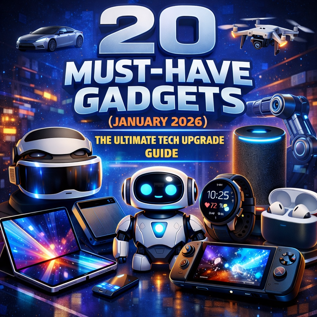 Square featured image showing futuristic tech gadgets including a humanoid robot, VR headset, foldable smartphone, smartwatch, drone, wireless earbuds, smart speaker, handheld gaming console, and tablet, with bold text reading “20 Must-Have Gadgets (January 2026) – The Ultimate Tech Upgrade Guide.”