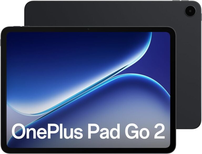 OnePlus Pad Go 2 tablet shown from front and back, featuring a slim black design and a large display with minimal bezels.
