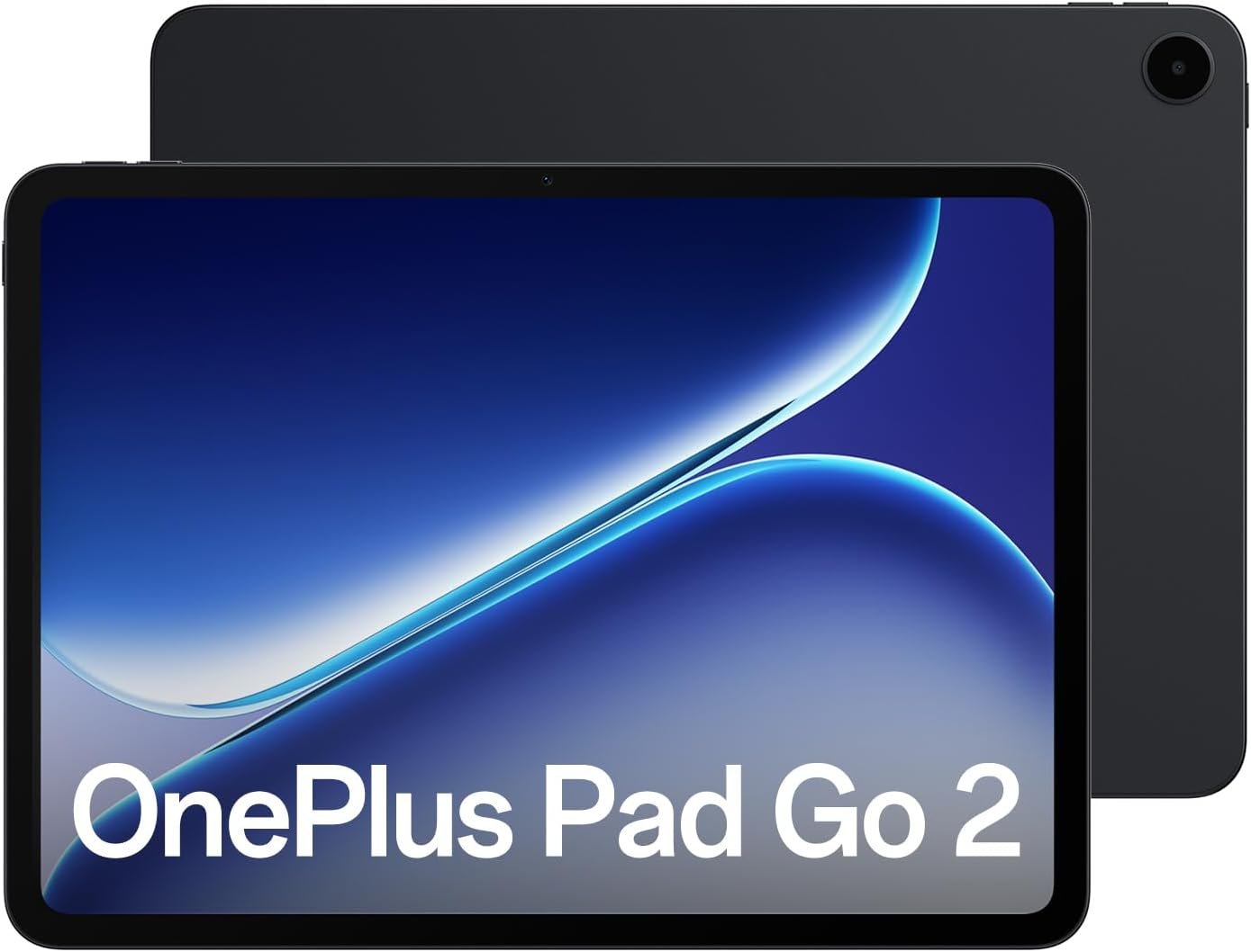 OnePlus Pad Go 2 tablet shown from front and back, featuring a slim black design and a large display with minimal bezels.