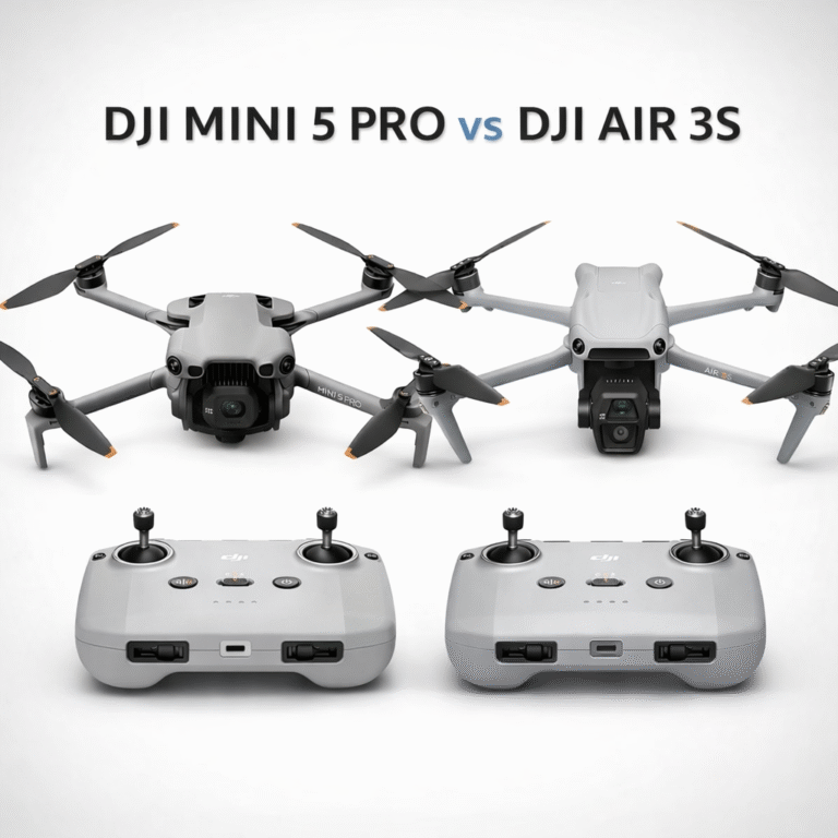 Side-by-side product comparison image showing the DJI Mini 5 Pro (left) and DJI Air 3S (right) drones on a white background, with the headline “DJI Mini 5 Pro vs DJI Air 3S” at the top. Both drones are displayed from a front angle with their cameras visible, and their matching DJI remote controllers are shown below each drone for comparison.