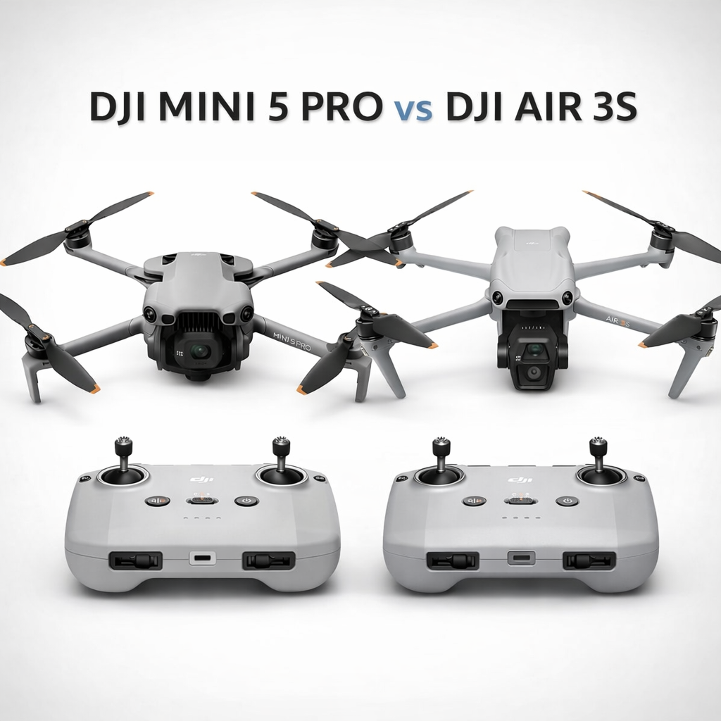 Side-by-side product comparison image showing the DJI Mini 5 Pro (left) and DJI Air 3S (right) drones on a white background, with the headline “DJI Mini 5 Pro vs DJI Air 3S” at the top. Both drones are displayed from a front angle with their cameras visible, and their matching DJI remote controllers are shown below each drone for comparison.