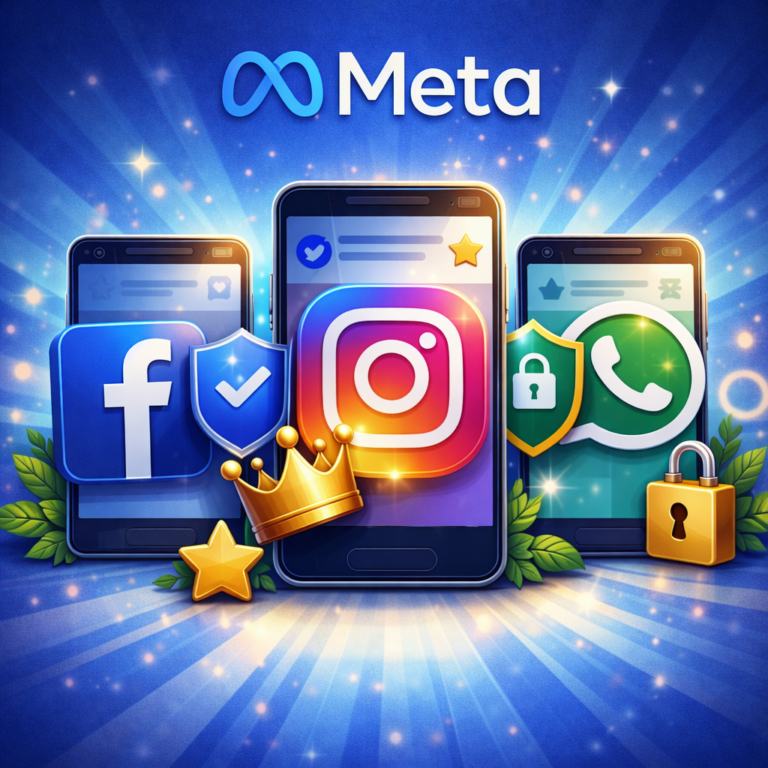 Square digital illustration showing the Meta logo above three smartphones displaying the Facebook, Instagram, and WhatsApp app icons, with visual elements suggesting verification, security, and enhanced features on a blue gradient background.