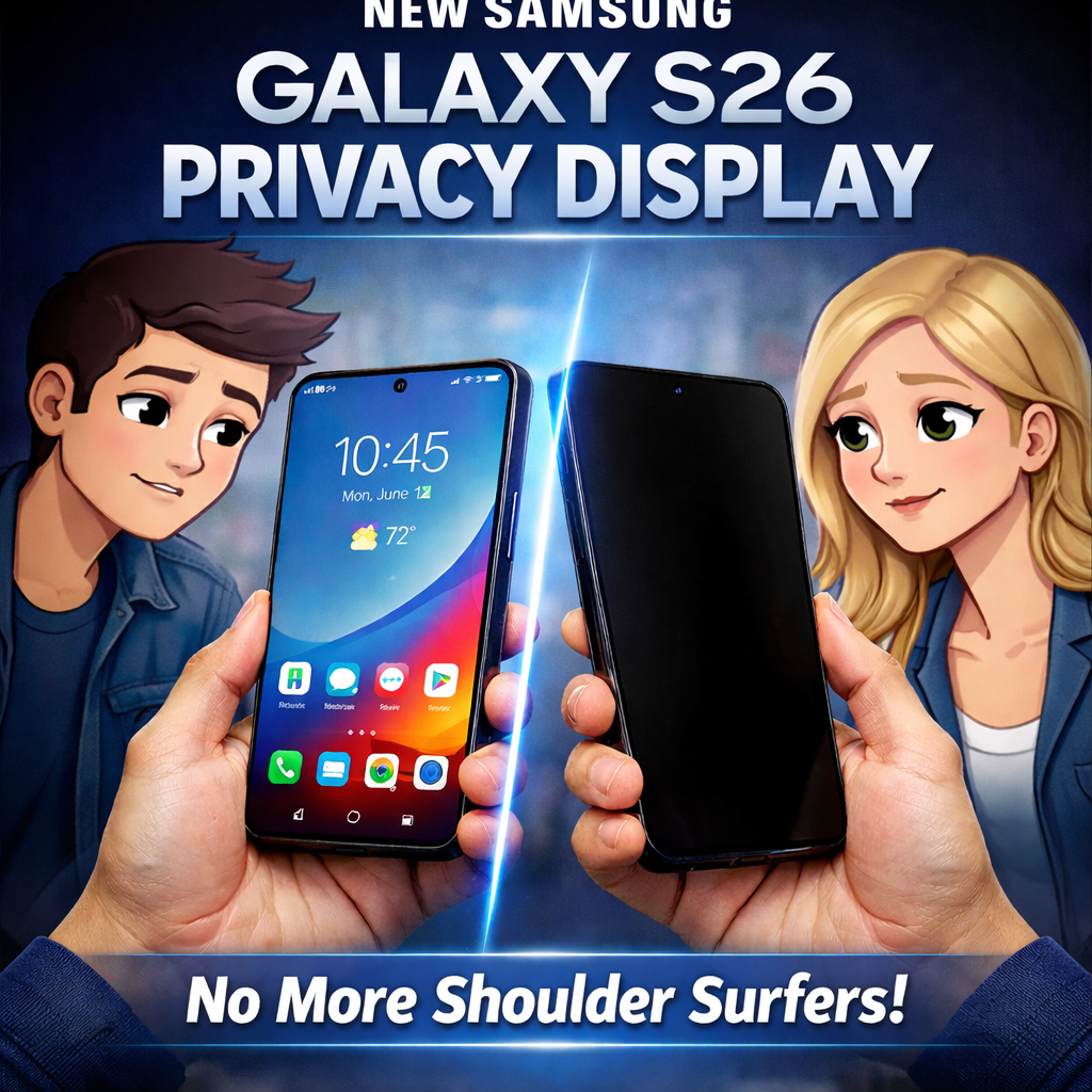 Square image showing two smartphones held side by side to illustrate a privacy screen effect. The left phone displays a bright, colorful home screen, while the right phone appears dark as if the display is hidden from side viewing. Cartoon style characters with neutral, friendly expressions are positioned on each side looking toward the phones. Blue gradient tech style background with large text reading “New Samsung Galaxy S26 Privacy Display” and smaller text reading “No More Shoulder Surfers!”.
