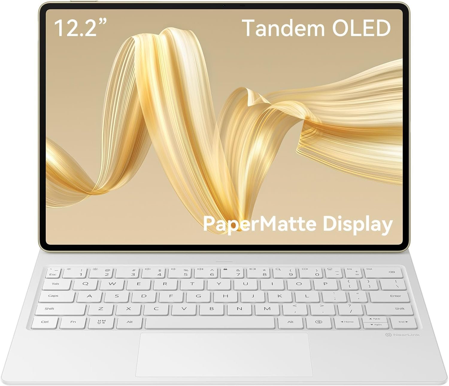 Front view of a HUAWEI MatePad Pro 12.2-inch tablet attached to a white keyboard case, showing a thin-bezel display with a gold abstract ribbon graphic and on-screen text reading “12.2”, “Tandem OLED”, and “PaperMatte Display.”