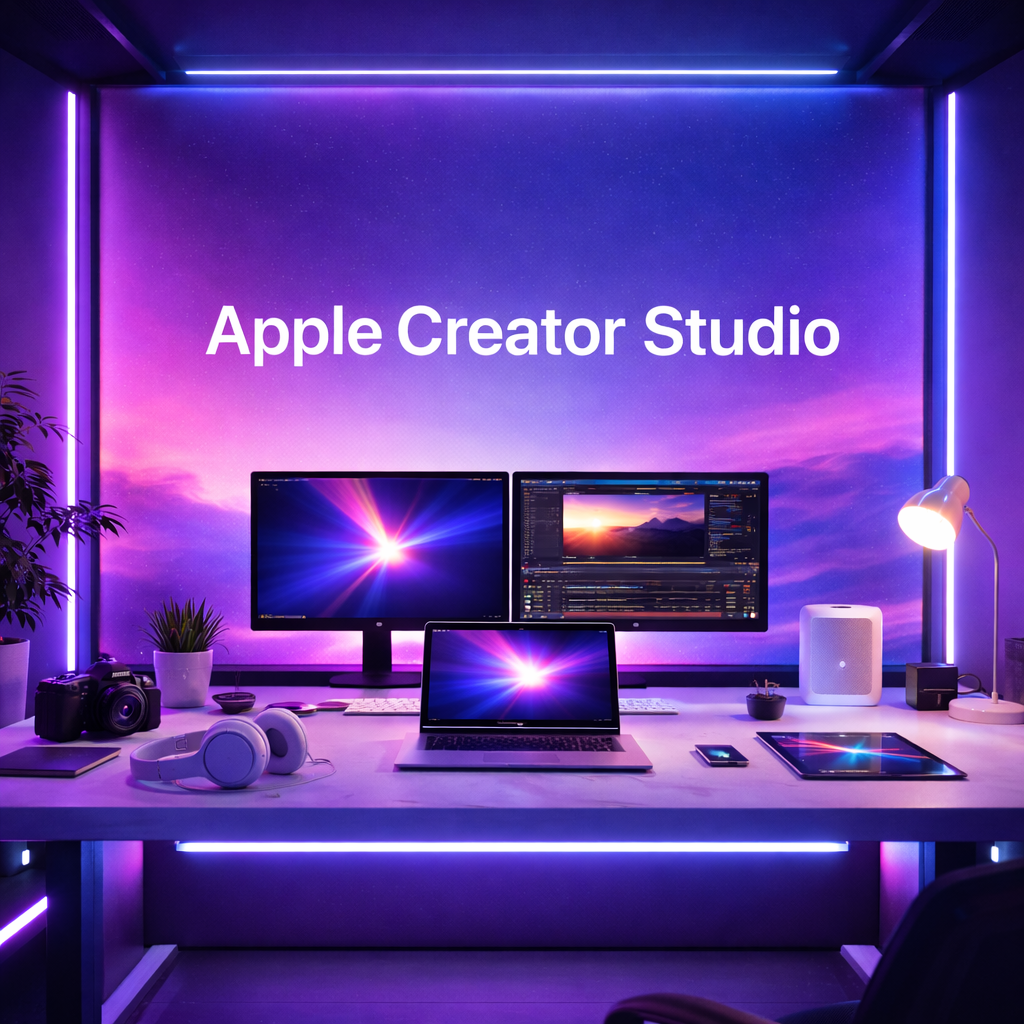 Square image of a modern neon-lit creator workspace with purple and blue lighting, featuring a desk with a laptop, two monitors, headphones, camera, tablet, speaker, plants, and a desk lamp, with the words “Apple Creator Studio” displayed prominently across the upper background.