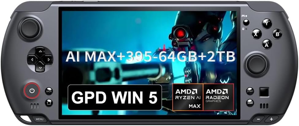 GPD Win 5 handheld gaming PC with built-in controller layout, dual analog sticks, D-pad, and buttons on both sides of a central display showing “AI MAX+395, 64GB + 2TB,” AMD Ryzen AI MAX and Radeon Graphics branding.