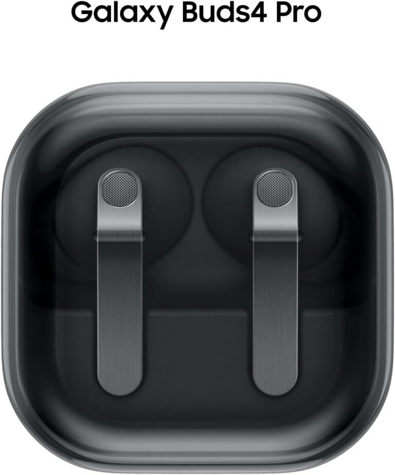 Samsung Galaxy Buds4 Pro wireless earbuds inside a glossy black charging case with two metallic stem style earbuds visible