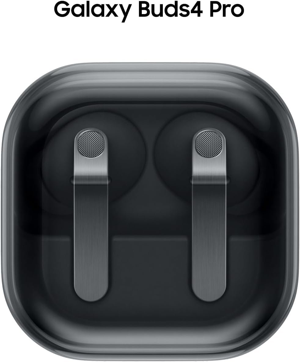 Samsung Galaxy Buds4 Pro wireless earbuds inside a glossy black charging case with two metallic stem style earbuds visible