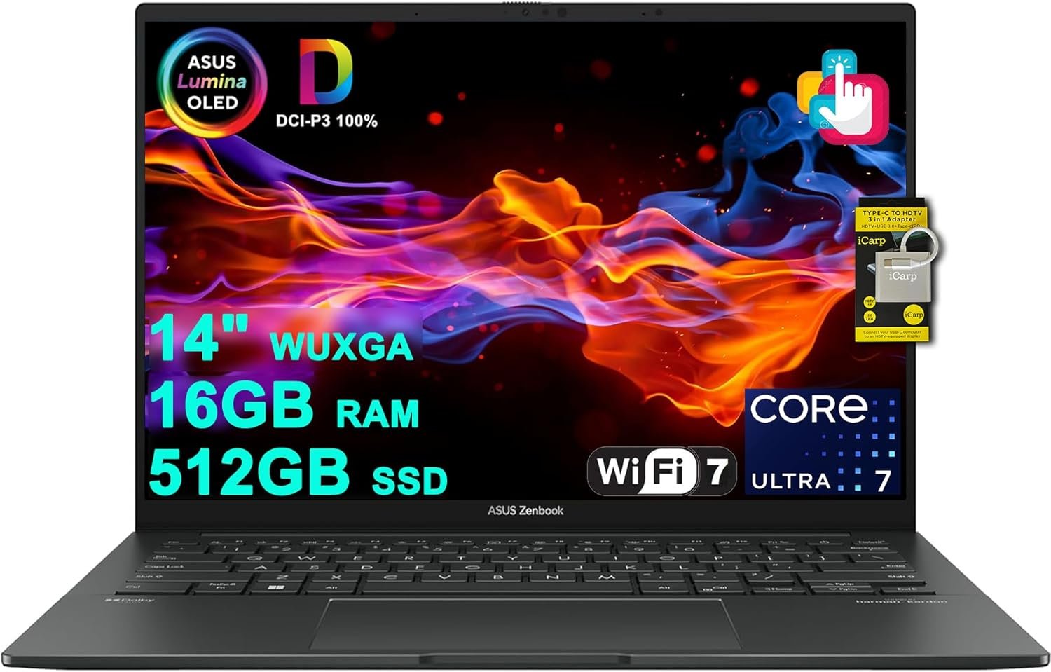 ASUS Zenbook 14 Creator laptop with 14-inch WUXGA ASUS Lumina OLED display, showing 16GB RAM, 512GB SSD, WiFi 7, and Intel Core Ultra 7 branding on screen with colorful abstract background.