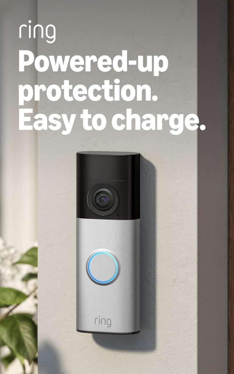 Ring Battery Video Doorbell Plus mounted beside a front door, featuring easy USB charging and powered-up home protection.