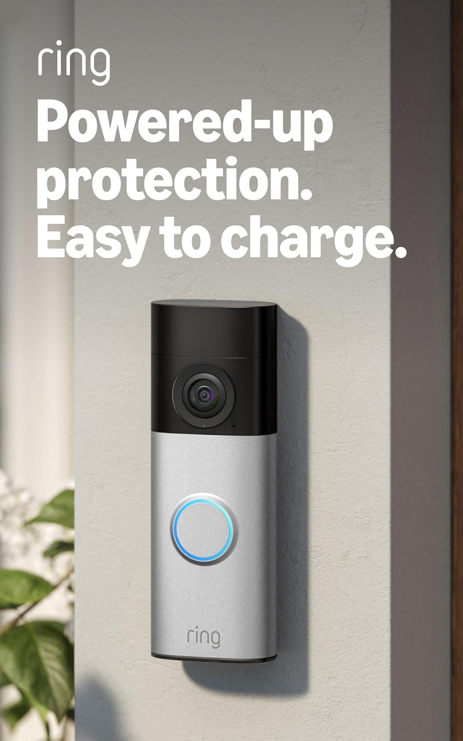 Ring Battery Video Doorbell Plus mounted beside a front door, featuring easy USB charging and powered-up home protection.
