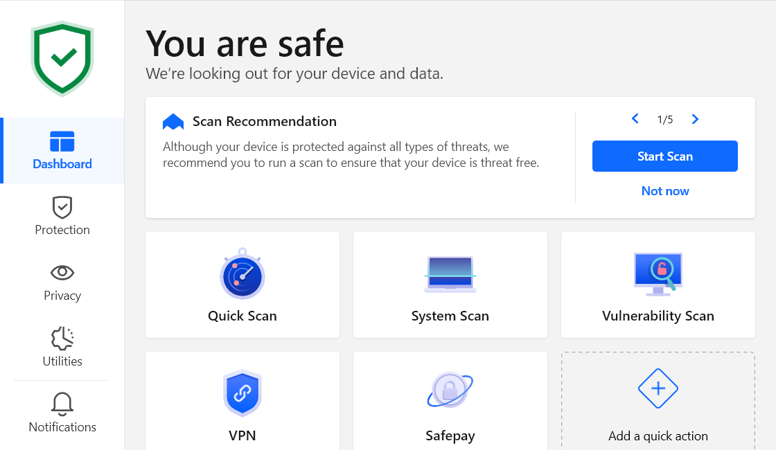 Bitdefender Total Security dashboard with scan recommendation and shortcuts to Quick Scan, System Scan, Vulnerability Scan, VPN and Safepay.